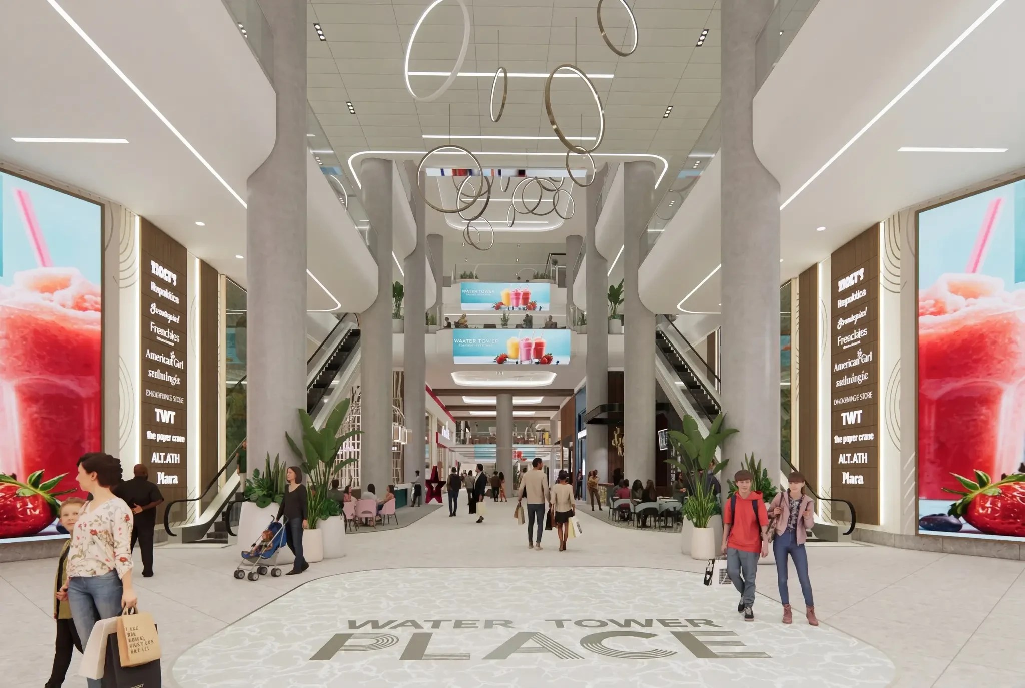 Architectural rendering of the redeveloped Water Tower Place interior on Chicago's Magnificent Mile with soaring ceilings and shoppers walking through