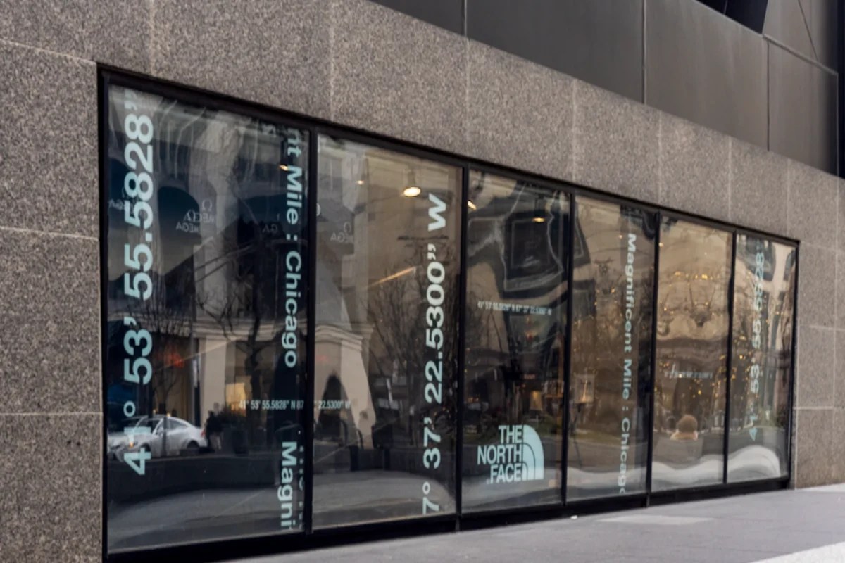 Window graphics at The North Face Chicago showcasing branded signage and visual display elements