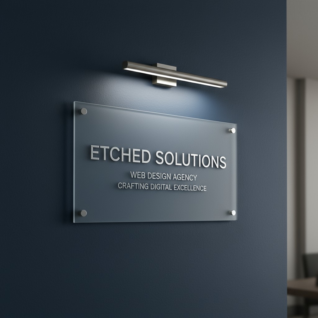 An interior shot of what appears to be an office hallway or common area, featuring a gray sign with the words "Etched Solu...