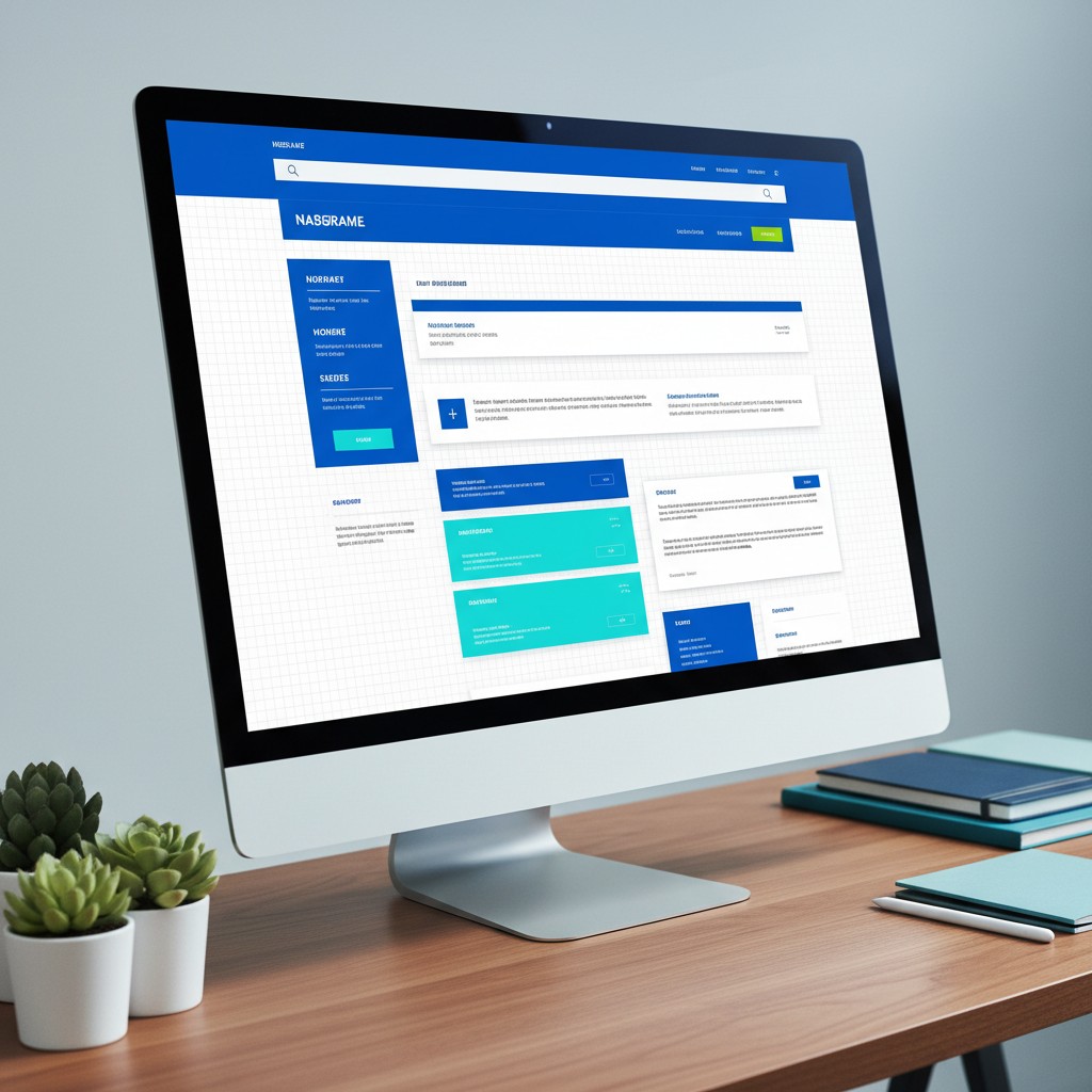 Monitor displaying a website on a desk with various office supplies.