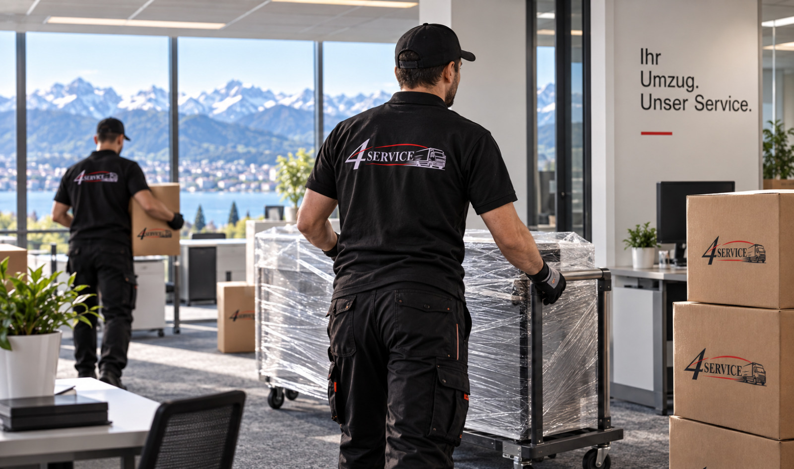 Büroumzug mit beschrifteten Rollboxen