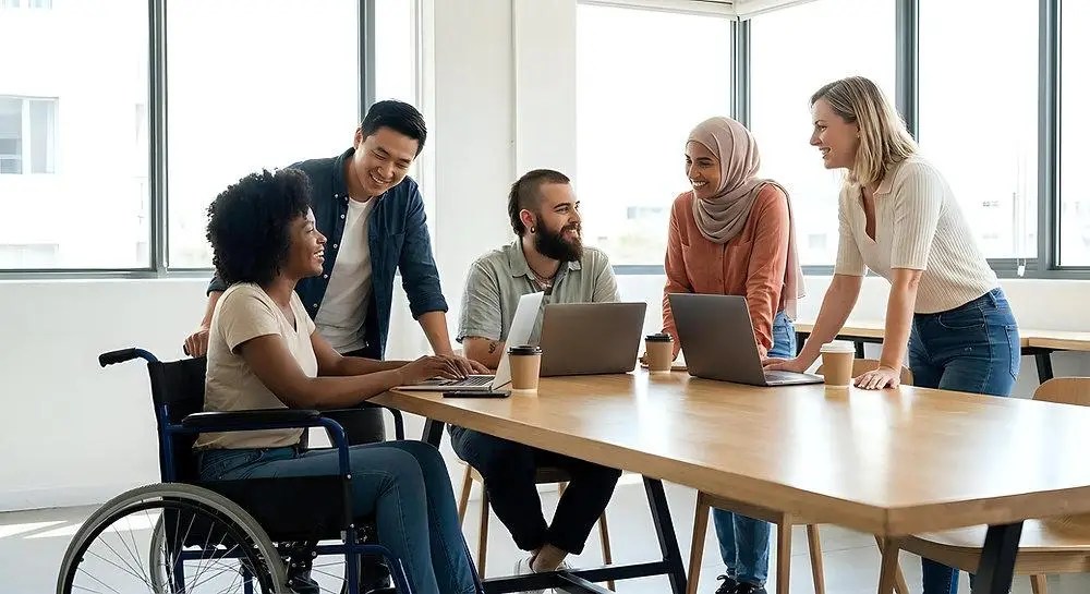 Employees from diverse backgrounds meeting around a table having a lively discussion.