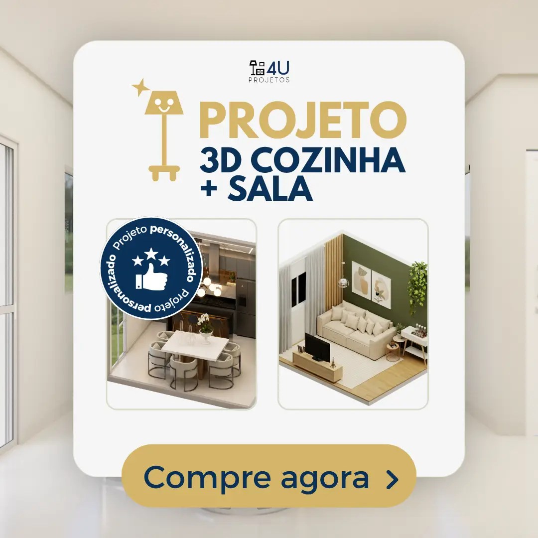 Projeto 3D de Cozinha + Sala da 4U Projetos
