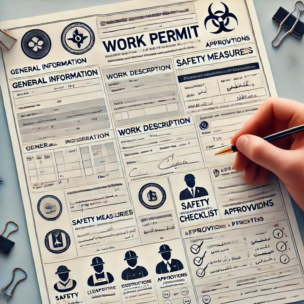 DALL%C2%B7E 2024 12 18 23.04.12 A professional document layout in both French and Arabic illustrating a Work Permit form. The form should include sections for general information w