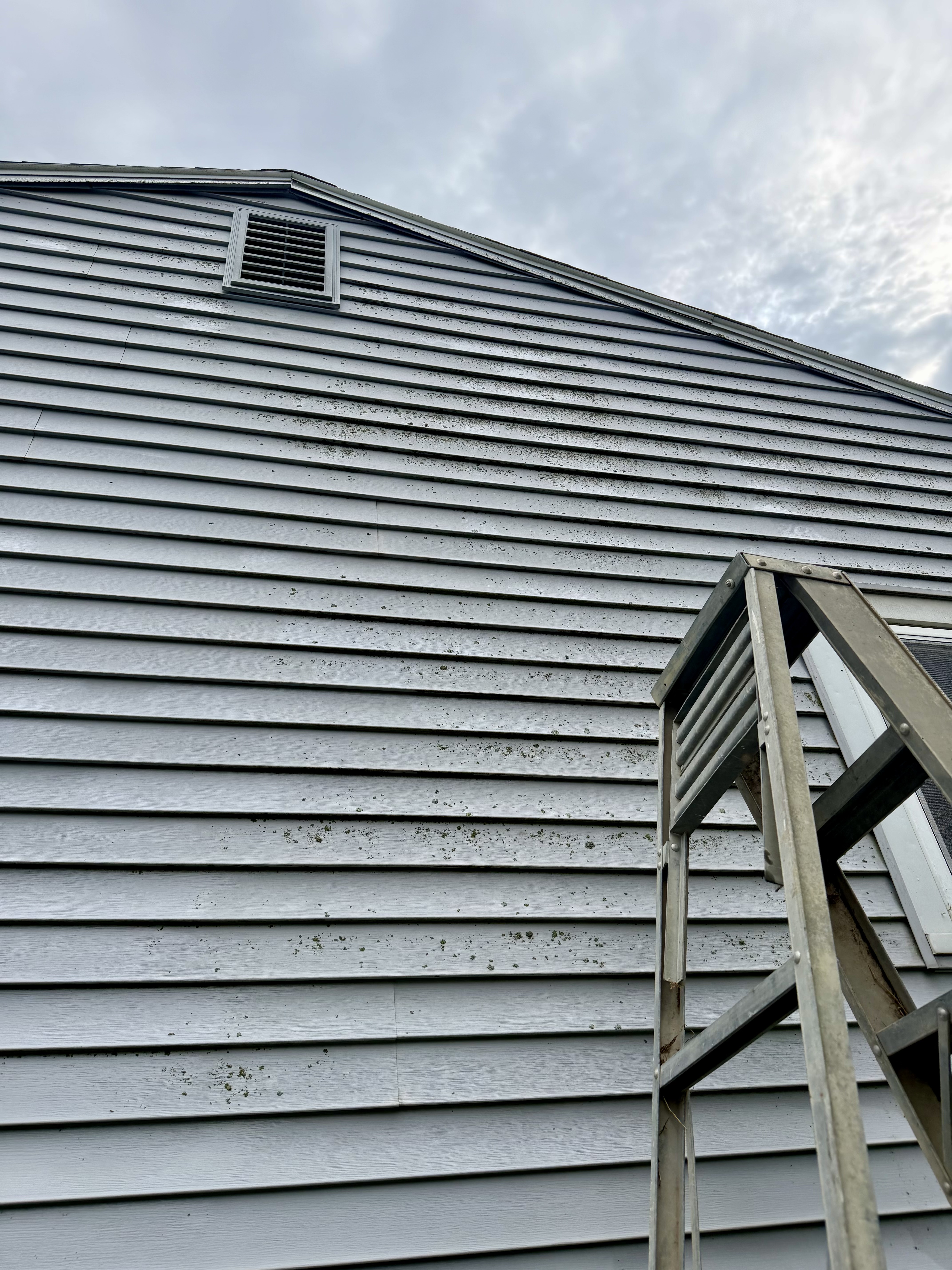 Dirty house siding with grime and cobwebs before pressure washing in Central Iowa