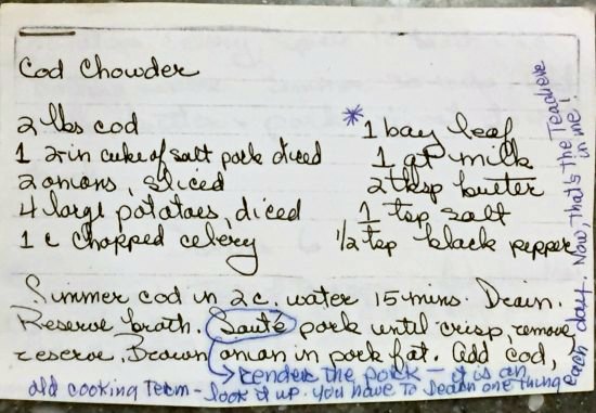 original hand written RI Cod Chowder Recipe - 52 Saturdays