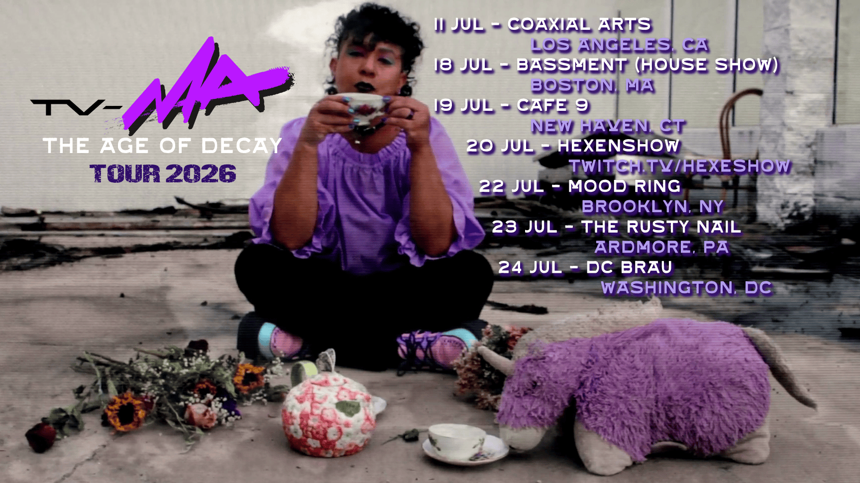 Photo of me sipping tea with my unicorn pillow pet amongst ruins. My tour dates are listed.