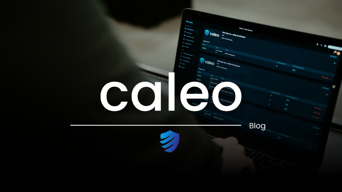 A customer looking at the Caleo dashboard on their laptop and says CALEO Blog overlayed
