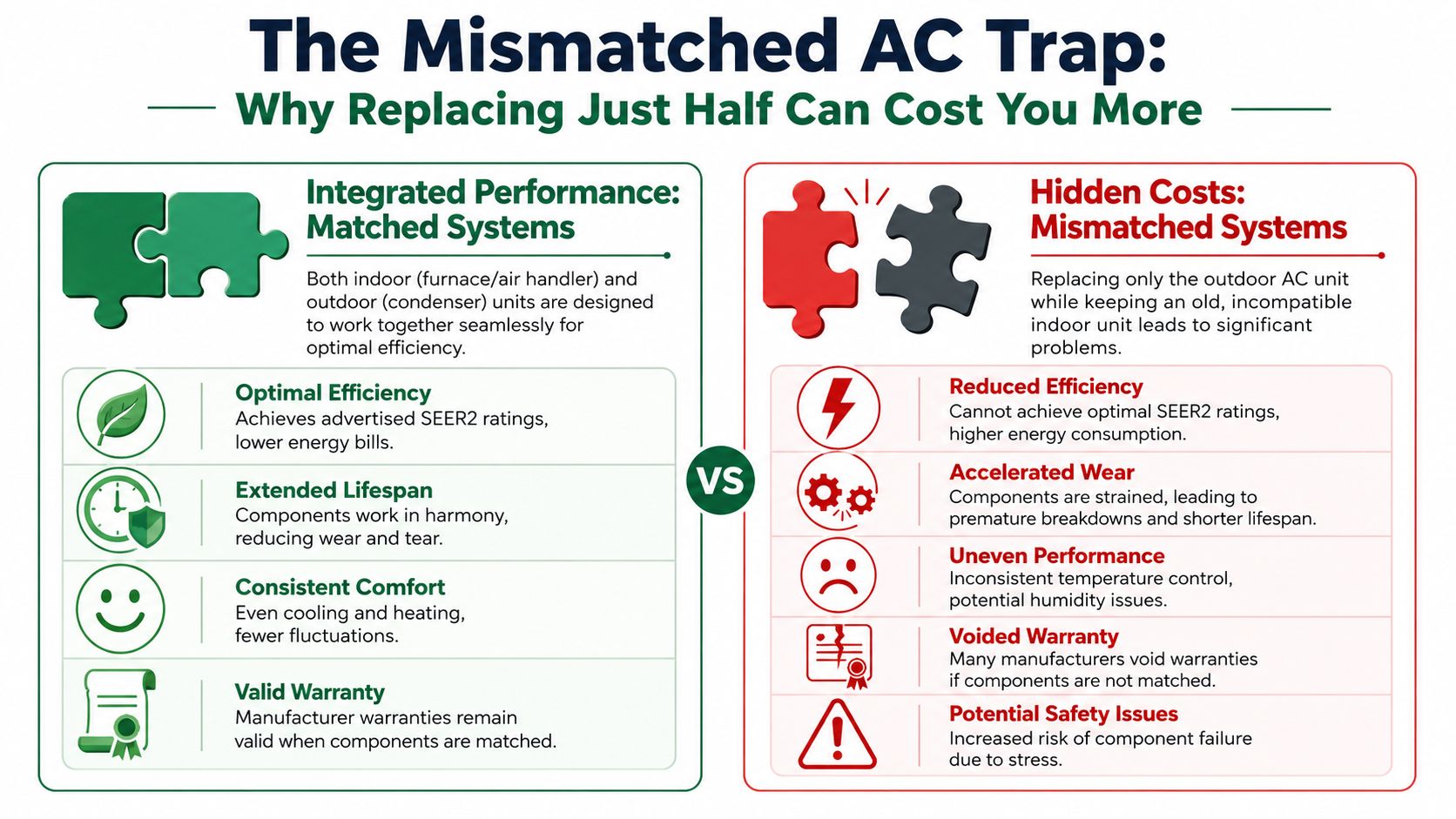 An infographic comparing the benefits of matched AC systems versus the hidden costs of mismatched installations.