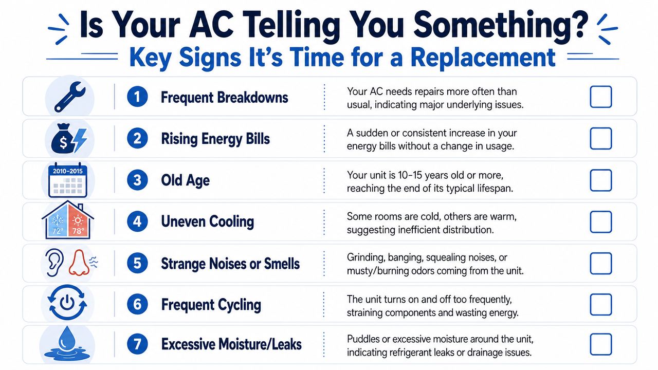An infographic detailing seven common signs indicating that your air conditioning unit may need to be replaced.
