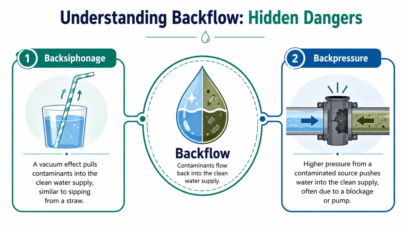 An infographic explaining the two types of water backflow: backsiphonage caused by vacuum and backpressure from contaminants.