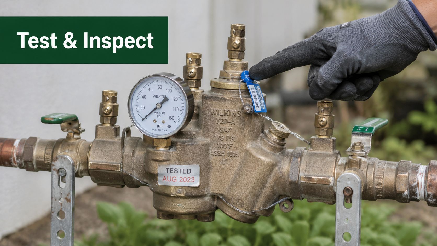 A professional gloved hand inspecting a brass backflow prevention assembly with a pressure gauge installed outdoors.