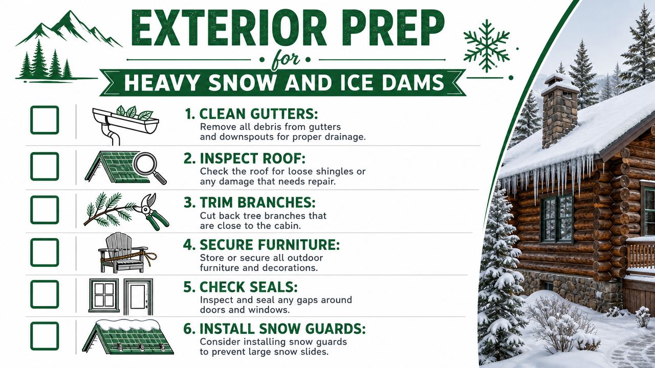 A winterization checklist for cabins, showing six essential steps to prepare exterior structures for heavy snow and ice.