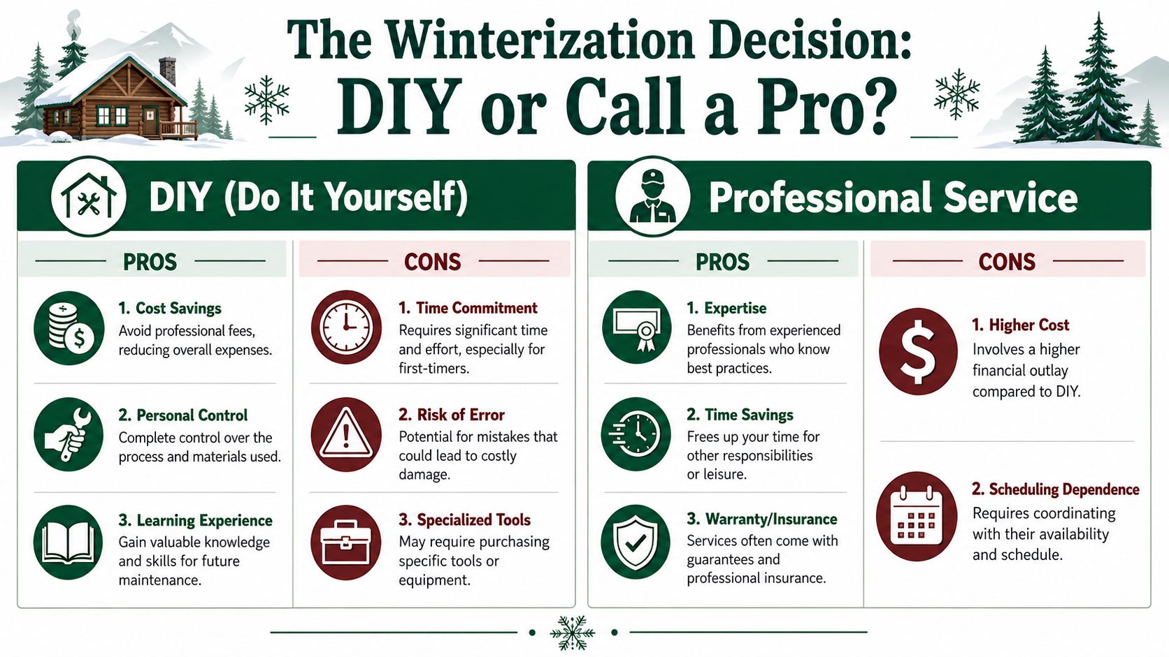 A comparison infographic titled The Winterization Decision helping homeowners choose between DIY and professional winterization services.