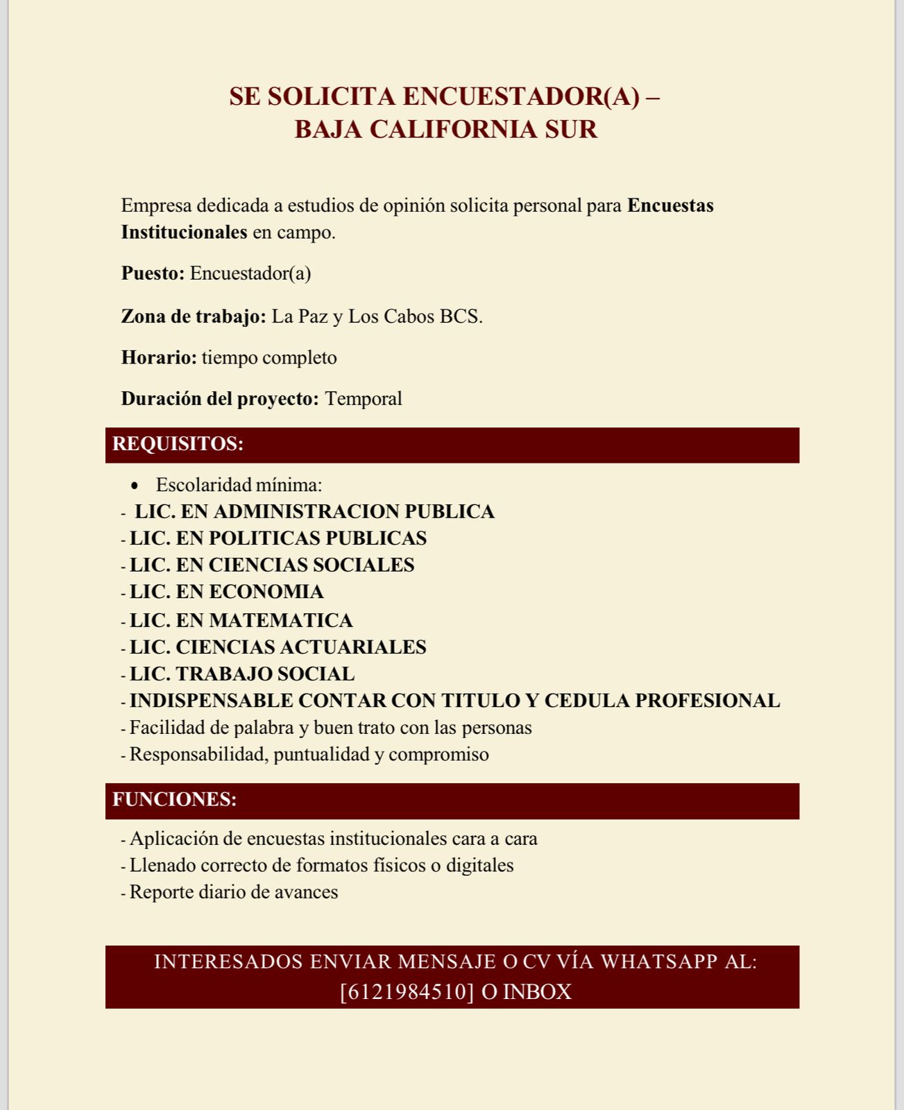 Oferta de trabajo en La Paz, Baja California Sur, para encuastador