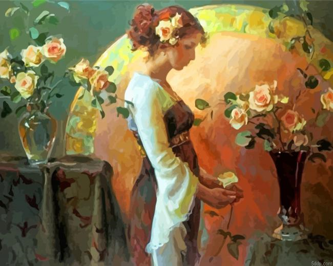 Woman Arranging Roses In Vase 5D Diamond Painting