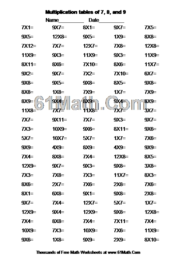 multiplication tables of 7 8 and 9 create your own math worksheets