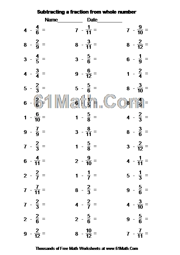 subtracting a fraction from whole number create your own math worksheets