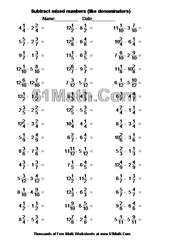 Subtract mixed numbers (like denominators) create your own math worksheets