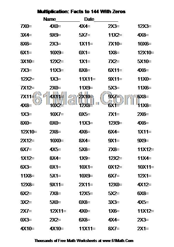 multiplication facts to 144 with zeros create your own math worksheets