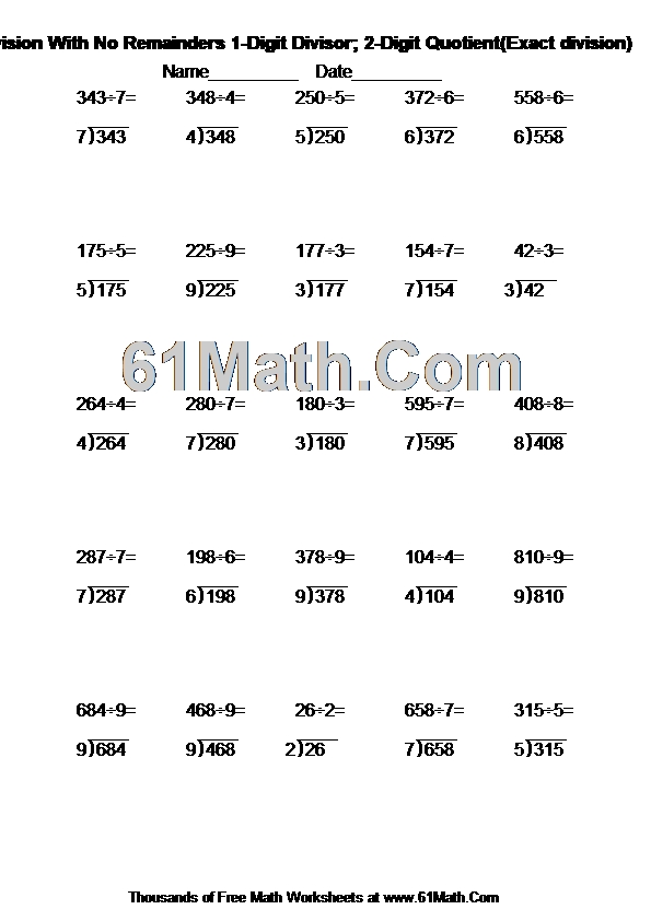 long division with no remainders 1 digit divisor 2 digit quotient exact division create your own math worksheets
