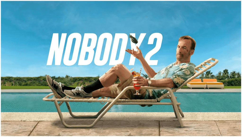 Nobody 2 (2025) movie poster featuring Bob Odenkirk in an action pose, representing the sequel’s gritty tone.