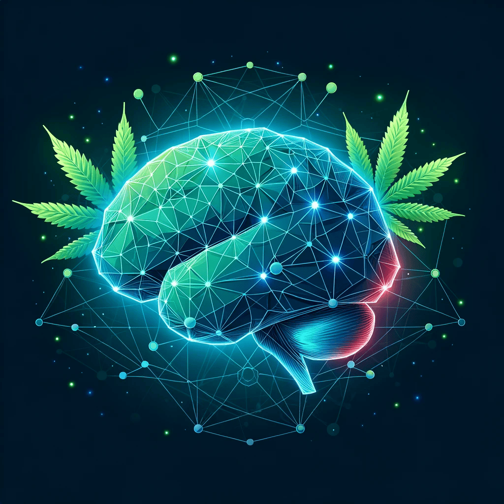 An illustration of the brain with cannabis leaves and a mapping that portrays the synergistic effect of cannabis and its effect on the endocannabinoid system