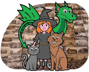 Colfontaine d'avant, mascotte de 7340.be avec dragon, sorcière, chat et leu