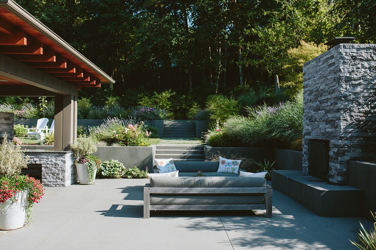 outdoor living space with fireplace