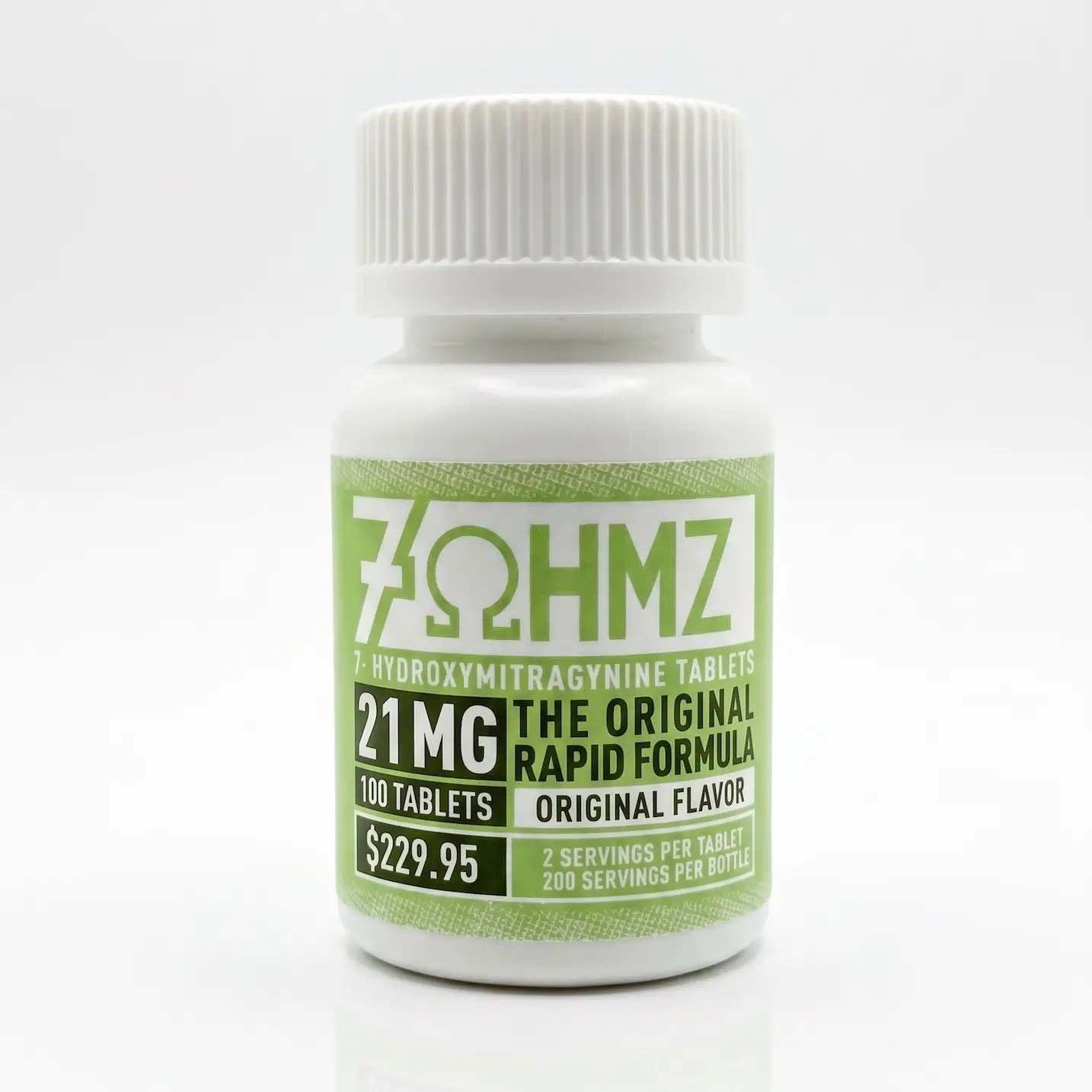White plastic bottle with a green label and white cap, showing a medication name, 21MG dosage and 'The Original Rapid Formula' text on the label.