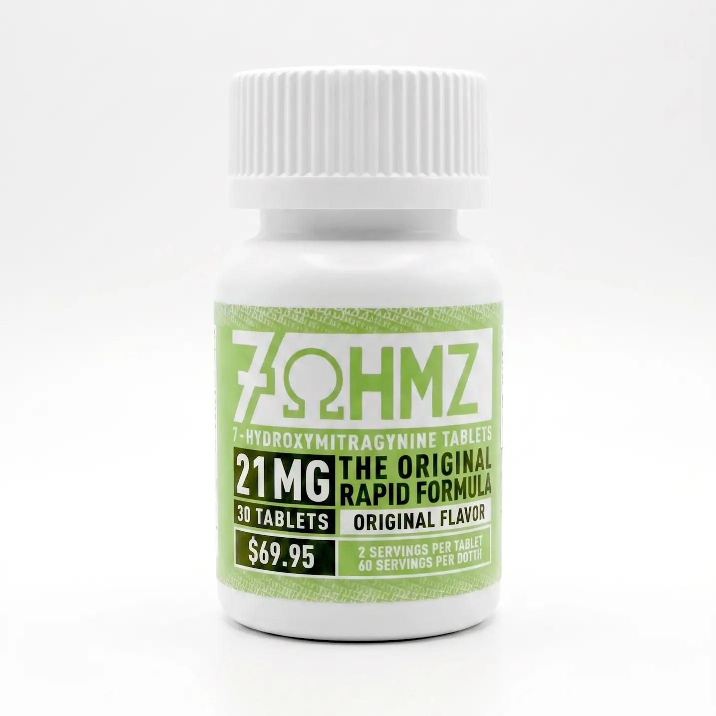 White bottle with a ribbed cap and a green label reading '21MG' and 'The Original Rapid Formula'