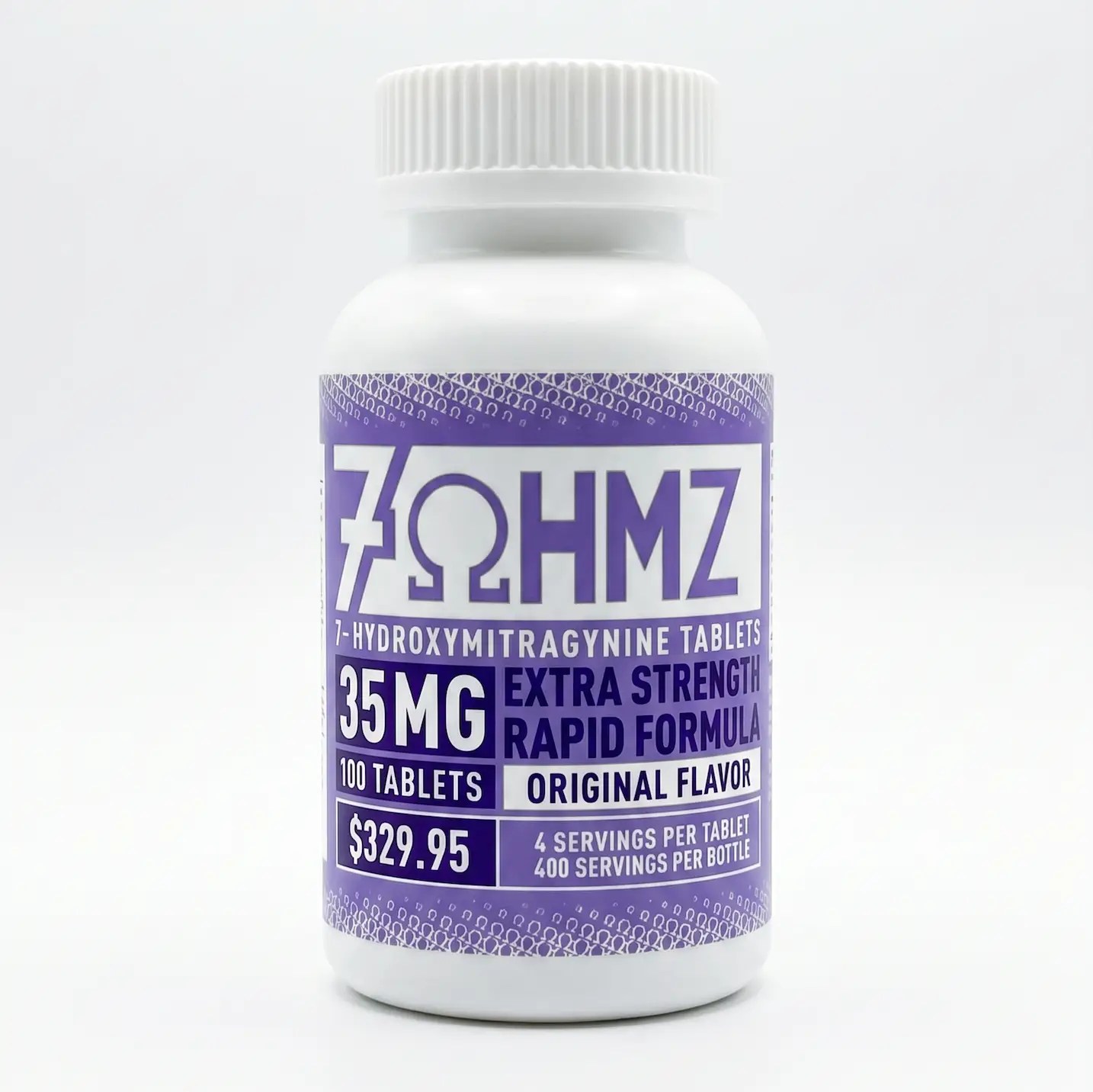 White bottle with a purple label displaying '7-Hydroxymitragynine Tablets' and '35 MG' as the main details.