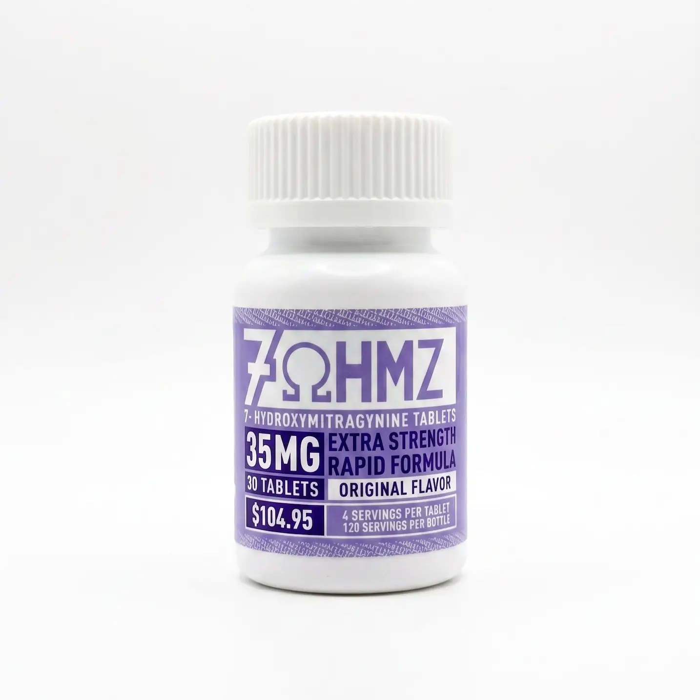 White bottle with a purple label reading '7-HYDROXYMITRAGYNINE TABLETS' and '35MG' for extra strength and original flavor.