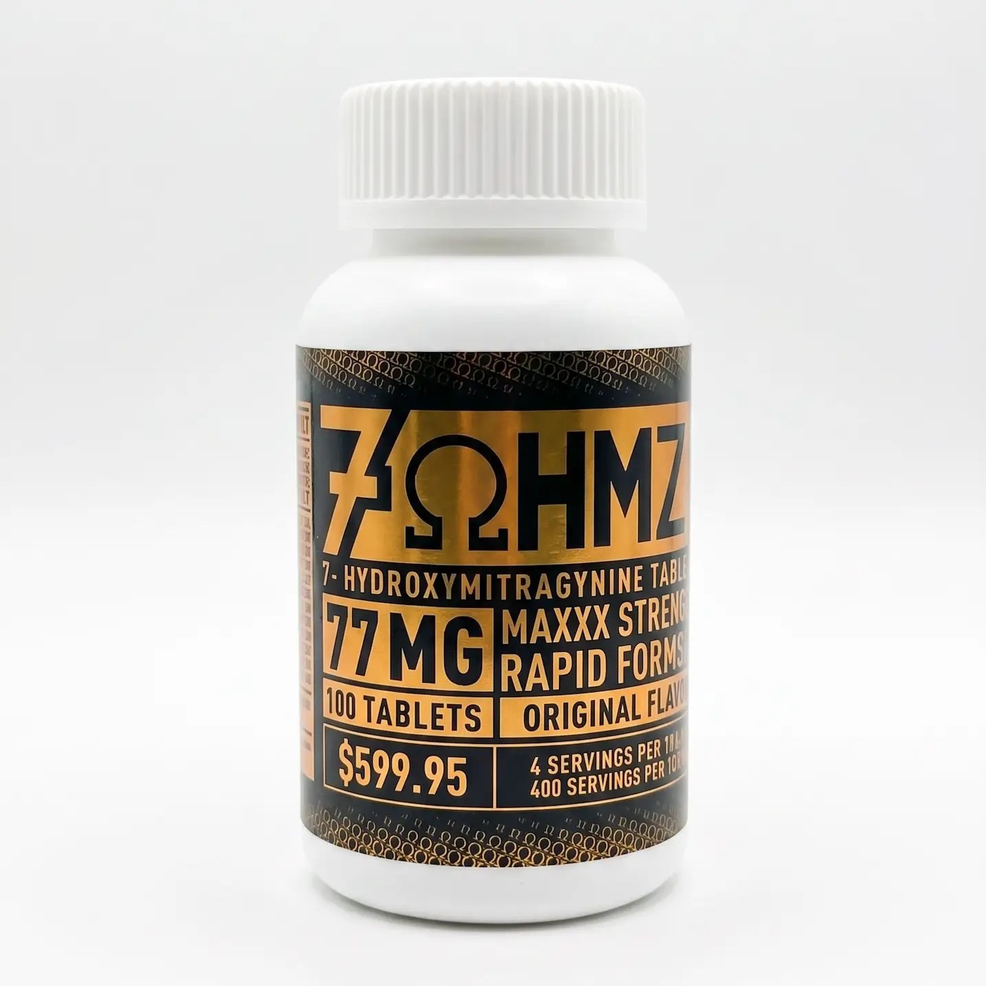 White plastic bottle with an orange-and-black label listing '77 MG' and 'HYDROXYMITRAGYNINE TABLETS' in bold letters.