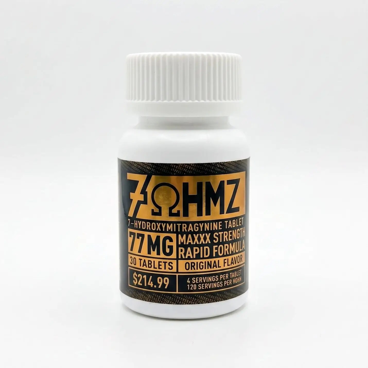 White bottle with copper label reading '7-Hydroxymitragynine Tablet' 77MG, rapid formula, original flavor, 30 tablets.