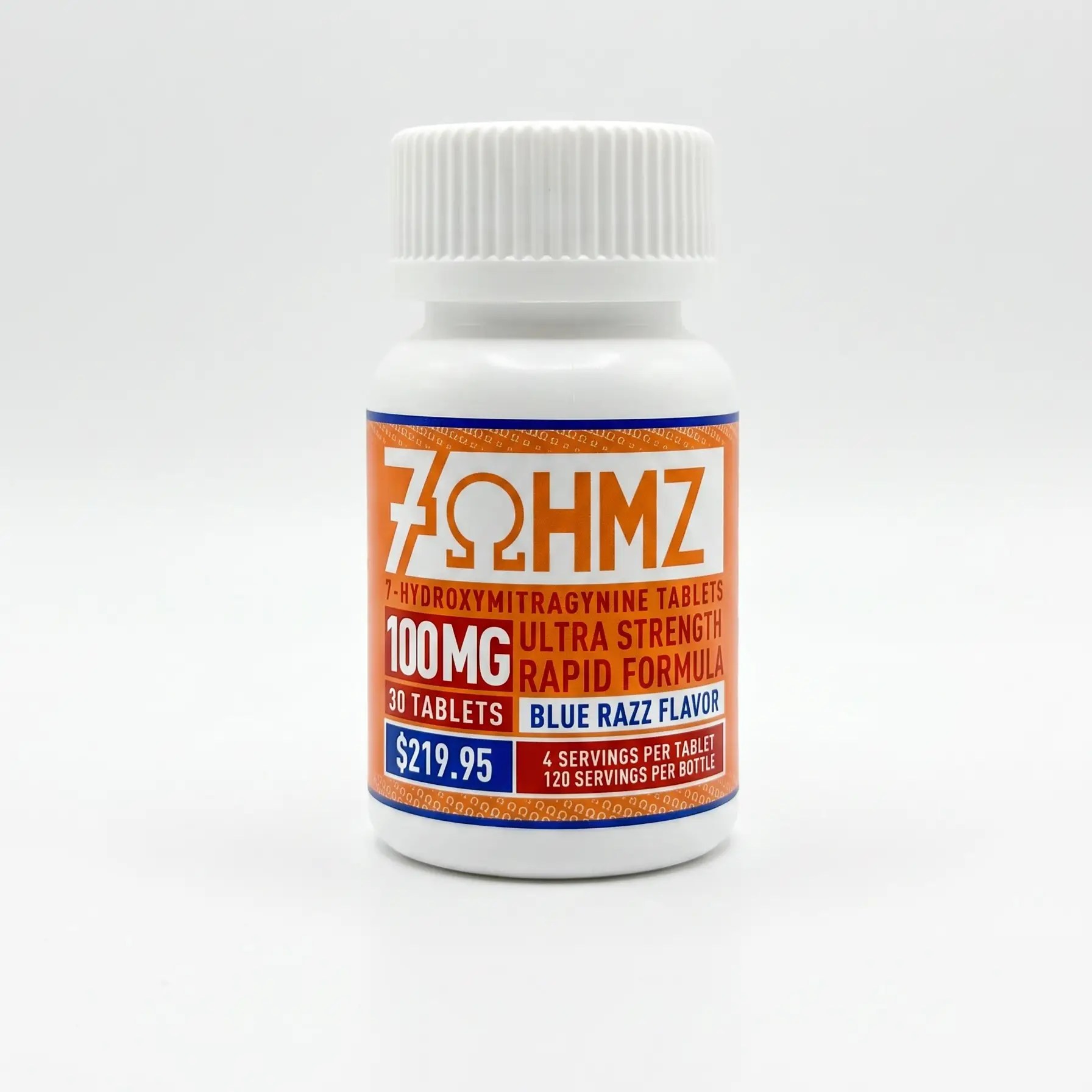 White plastic bottle with an orange label reading '100MG' and 'Blue Razz Flavor' for 30 tablets (supplement/medicine).