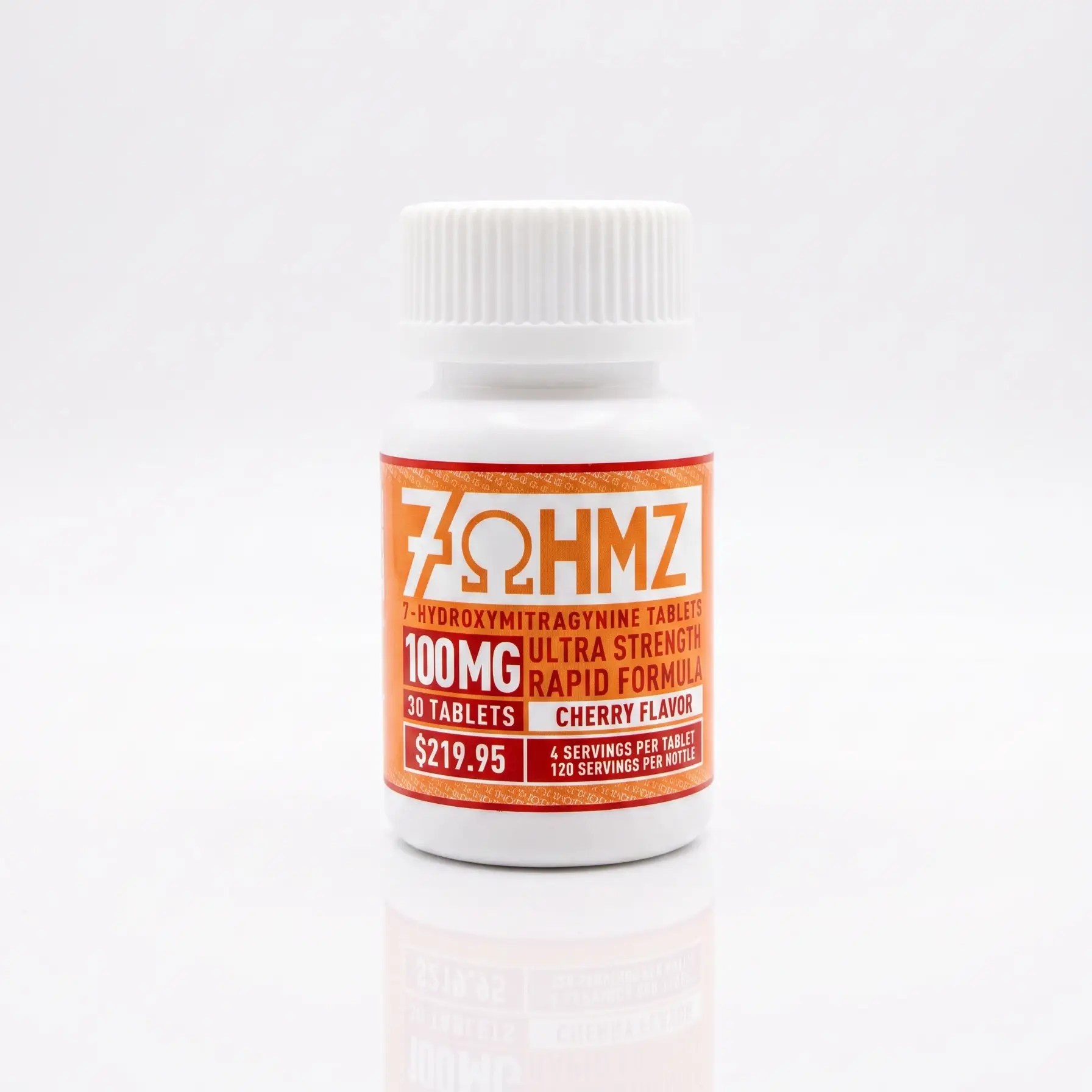 White plastic bottle with an orange label reading '100MG' and 'Cherry flavor'—30 tablets, ultra-strength rapid formula.