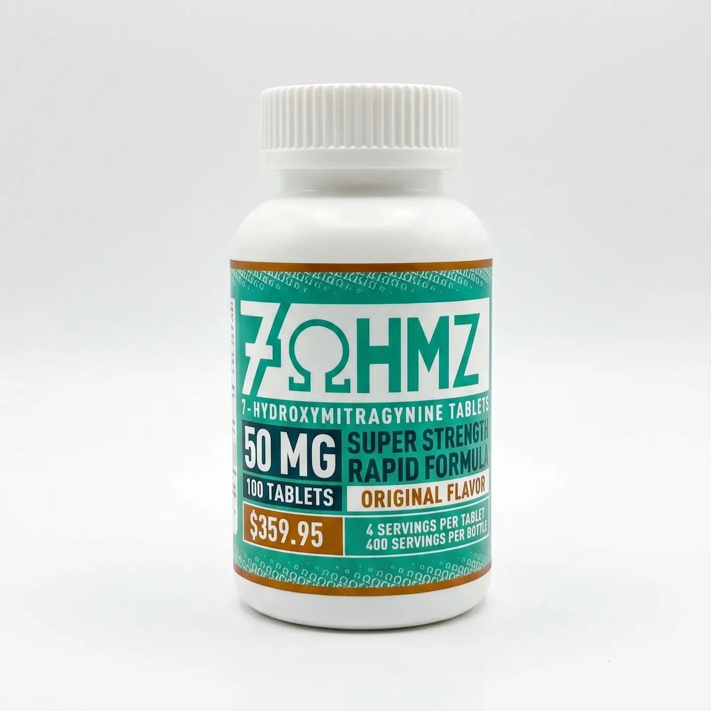 White pill bottle with a teal label showing 50 mg and 100 tablets, original flavor.