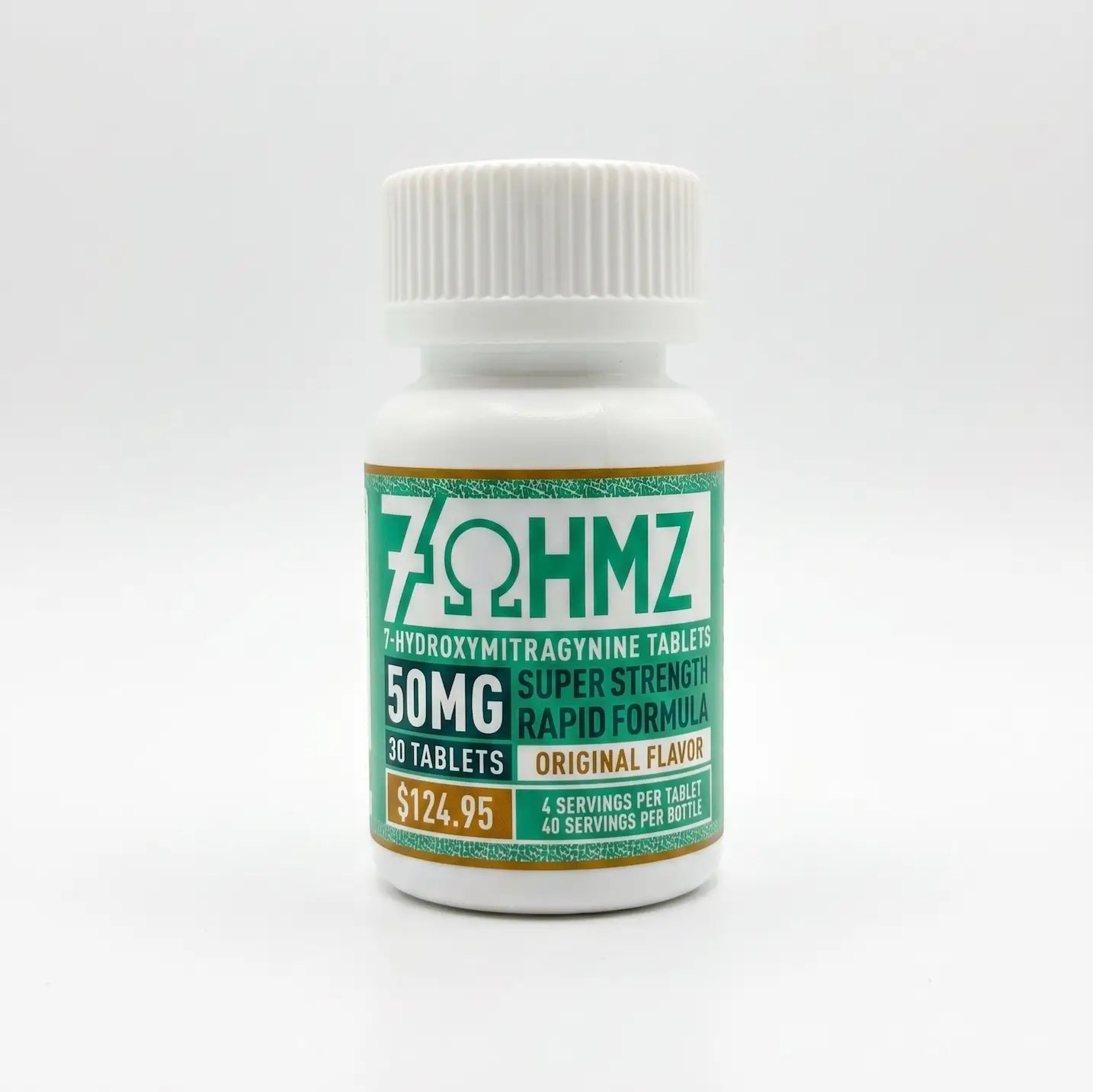 White plastic bottle with a teal label advertising 50MG, 30 tablets, original flavor (rapid formula) used for a dietary supplement.
