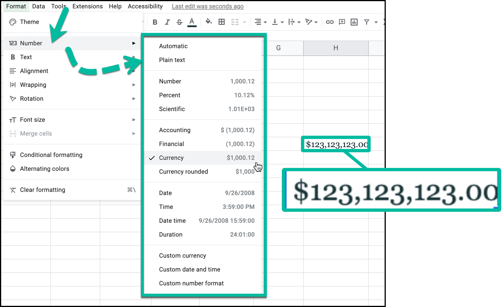 Navigating the format menu in google sheets