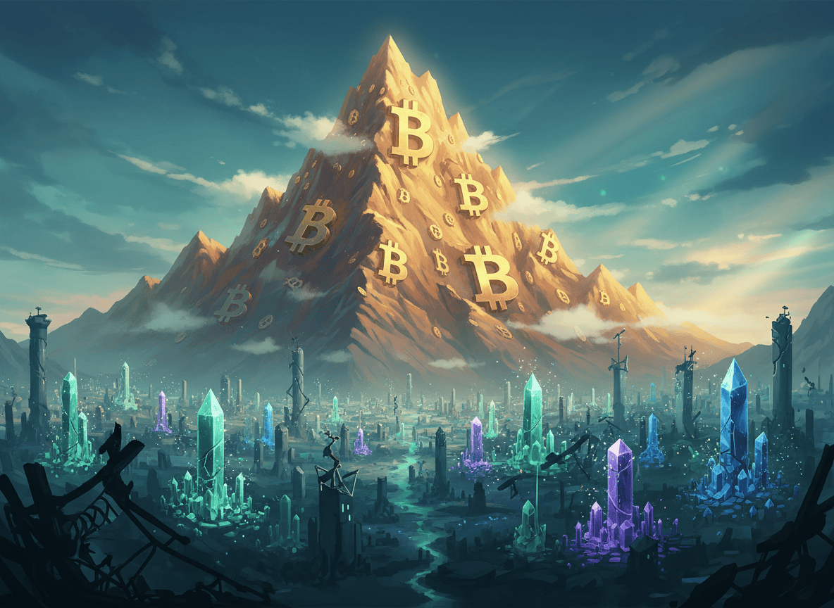 Fantasy Bitcoin mountain towering over shrinking altcoin valley charts