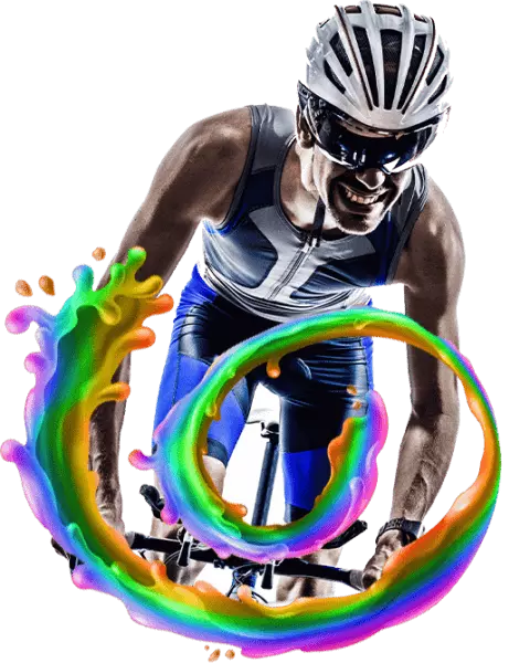 Triathlete intensely cycling with colorful swirl around him, showcasing athletic endurance.