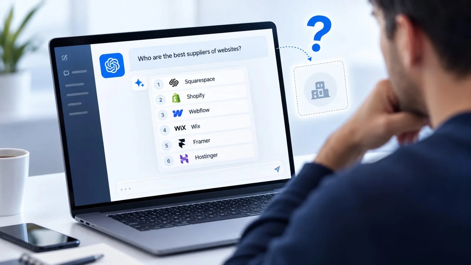 Person looking at a laptop where an AI assistant lists website companies, with their own business missing
