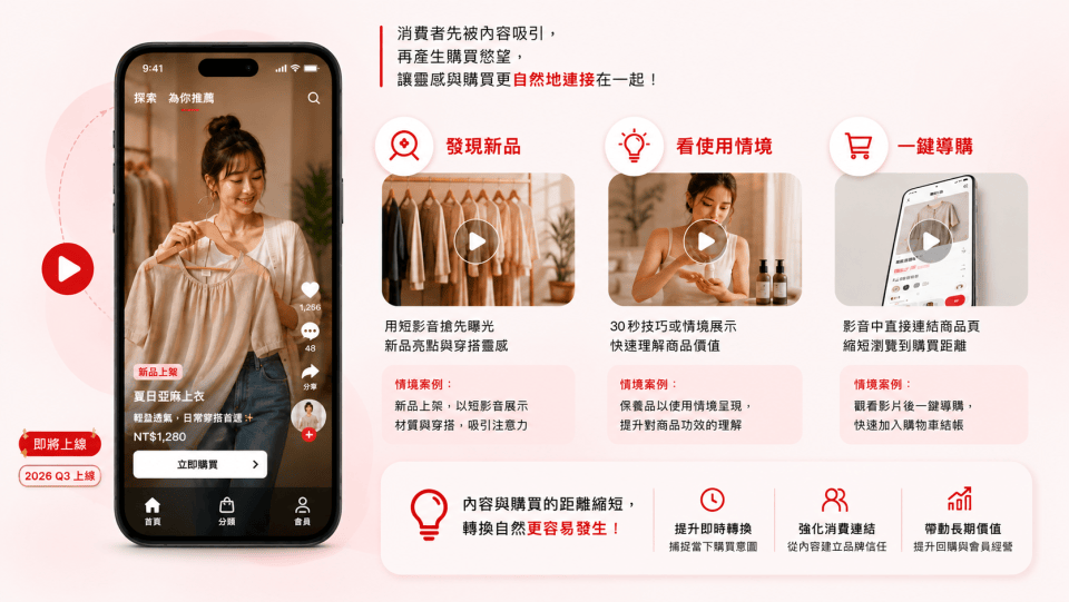 91APP 站內短影音示意圖：消費者於 App 或官網內滑動瀏覽商品影音，2026 年 Q3 上線