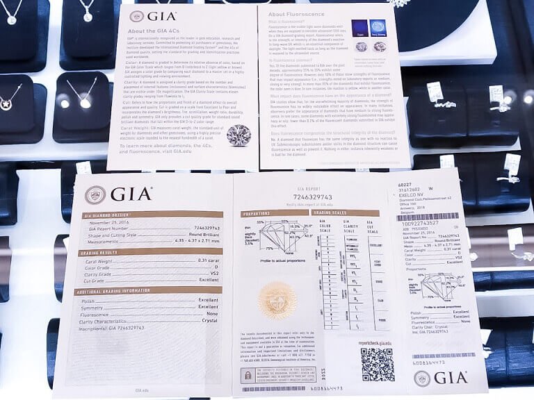若想知道鑽石的等級與相關資訊，可透過GIA 鑑定書了解；鑽石的切割比例、鑑定書右上角的鑽石商資訊也很重要喔！（比利時車工品質特別好）。(Photo by Natalie)