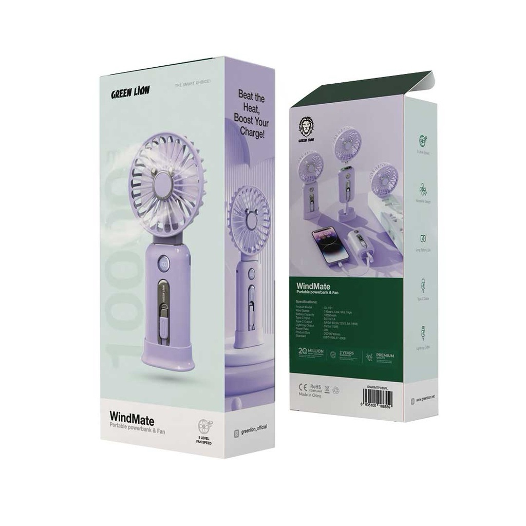 Green Lion Wind Mate Portable Power Bank & Fan-purple