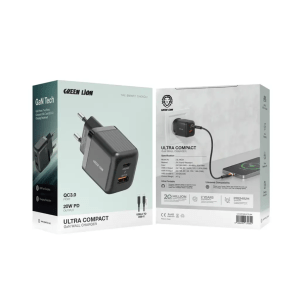Green Lion Ultra Compact GaN Wall Charger EU Pin A+C 20W with C to C Cable - Black