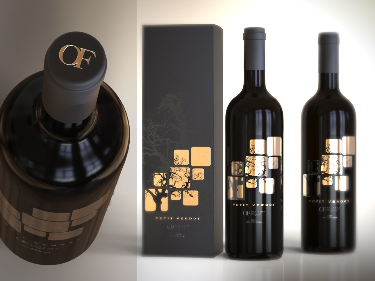 botella de vino oscuro con una etiqueta de pan de oro de cuadrados y un árbol