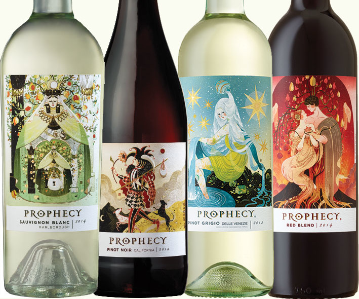 Colección de botellas de vino Profecía una al lado de la otra.