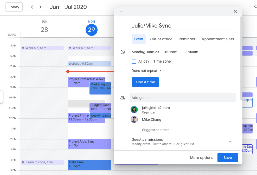 Google calendar lets you add events without 'more options'